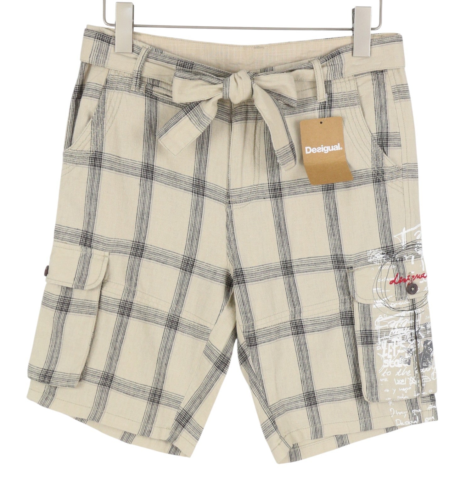 DESIGUAL Marc Men Shorts W30 Beige Linen Blend Plaid Belted Zip Fly Cargo