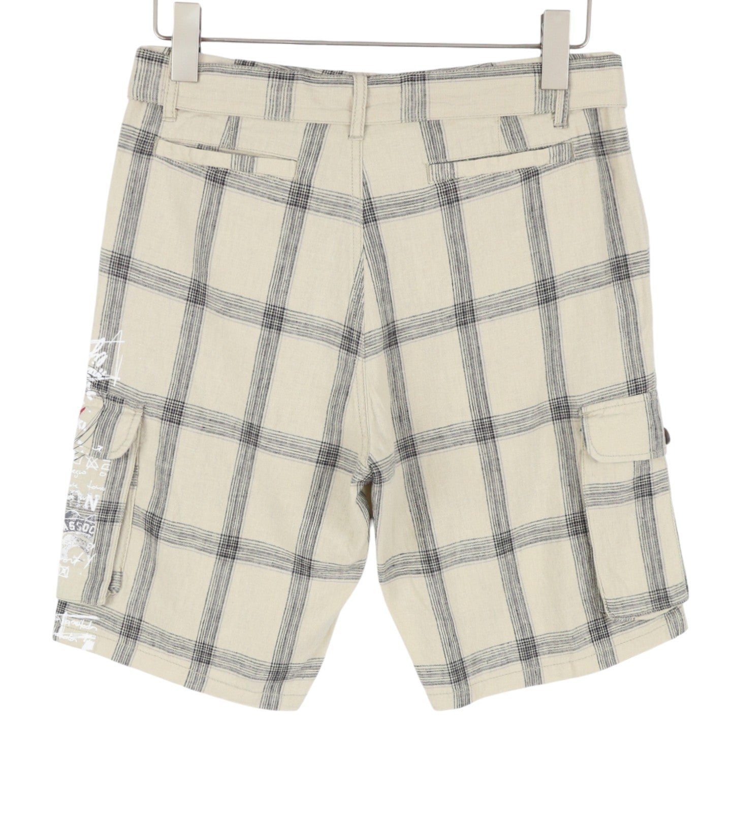 DESIGUAL Marc Men Shorts W30 Beige Linen Blend Plaid Belted Zip Fly Cargo