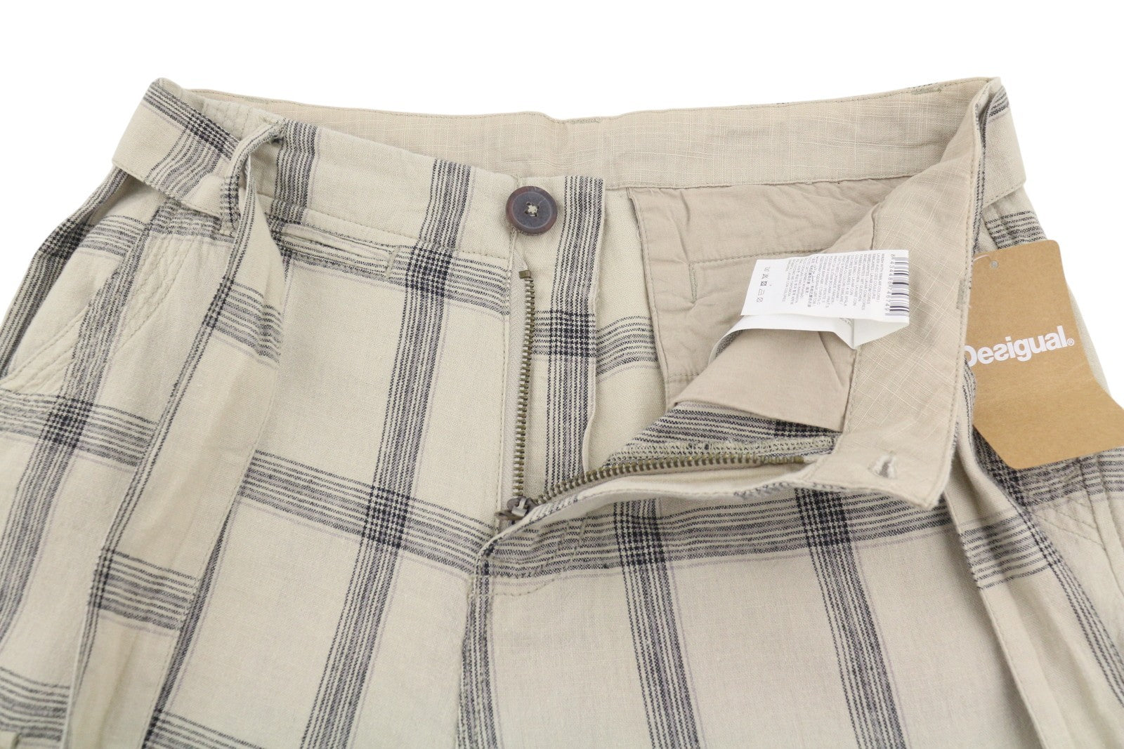 DESIGUAL Marc Men Shorts W30 Beige Linen Blend Plaid Belted Zip Fly Cargo