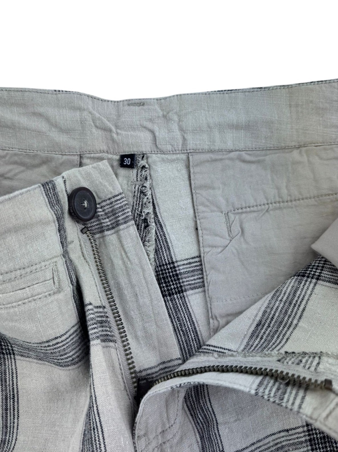 DESIGUAL Marc Men Shorts W30 Beige Linen Blend Plaid Belted Zip Fly Cargo