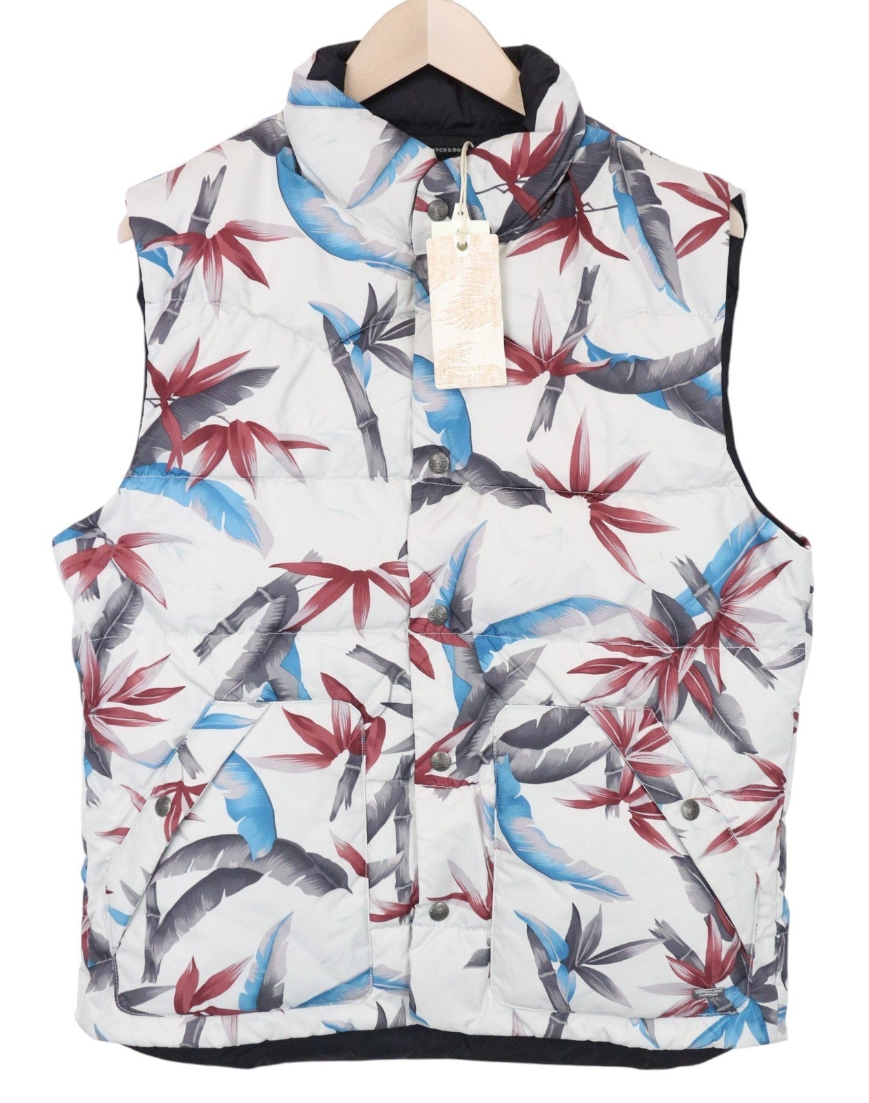 SCOTCH & SODA Men Vest L Off-White Leaf Printed Two-Sided High Neck Quilted