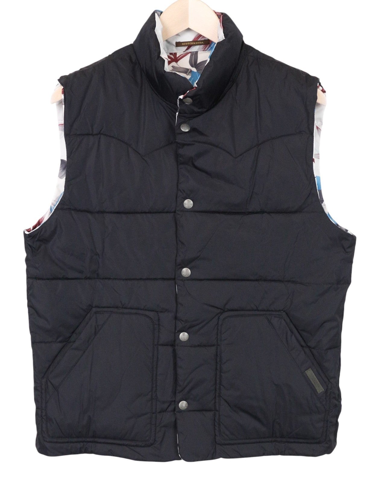 SCOTCH & SODA Men Vest L Off-White Leaf Printed Two-Sided High Neck Quilted