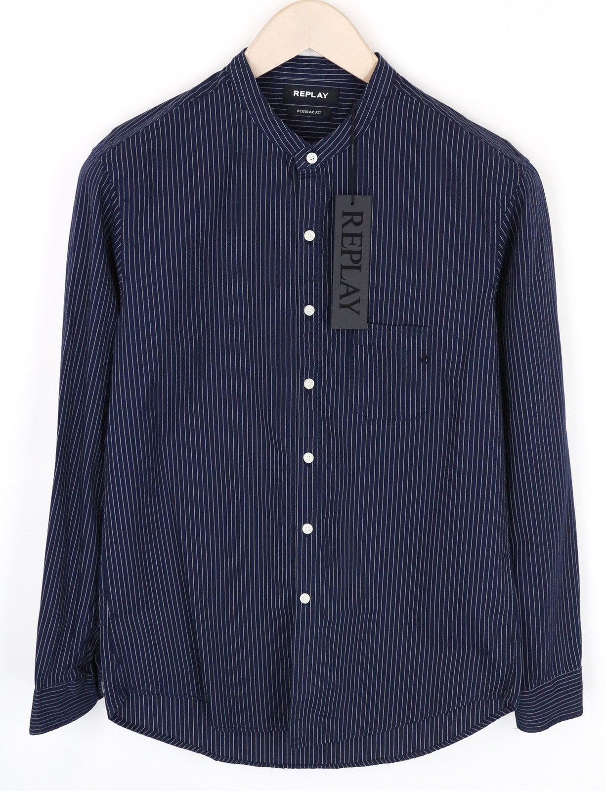 REPLAY Men Shirt S Regular Fit Blue Pure Cotton Striped Long Sleeved Pocketed