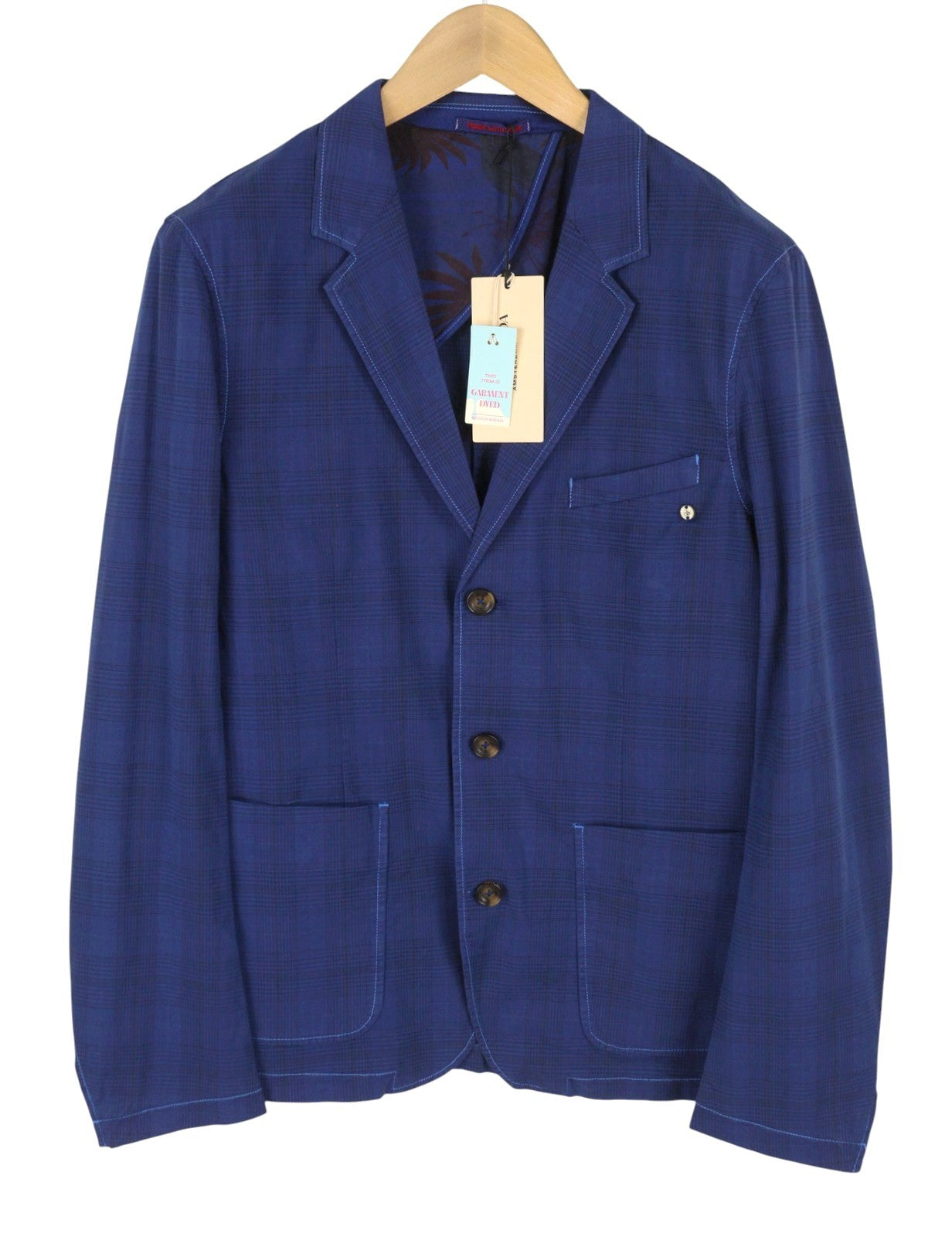 SCOTCH & SODA Men Blazer M Blue Plaid Half Lined Notch Lapel Single Breasted