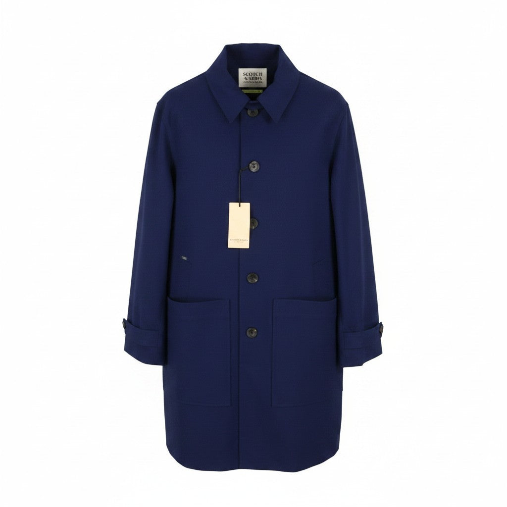 SCOTCH & SODA Men Jacket L Dark Blue Button Up Spread Mid Length Trench Coat