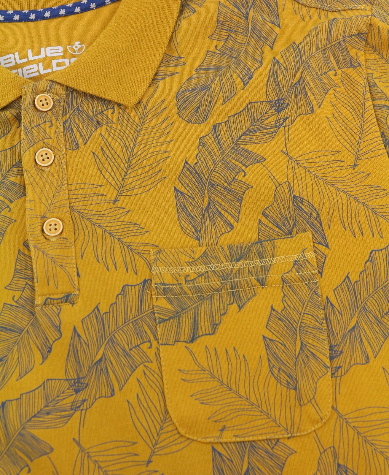 BLUE FIELDS Men Polos L Yellow Leafs Pattern Half Button Short Sleeve