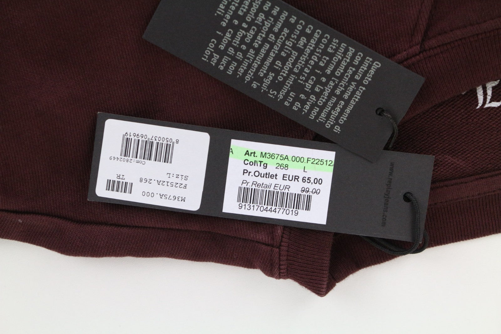 REPLAY Men Sweatshirt L Burgundy Red Pure Cotton Long Sleeve Logo Pull On
