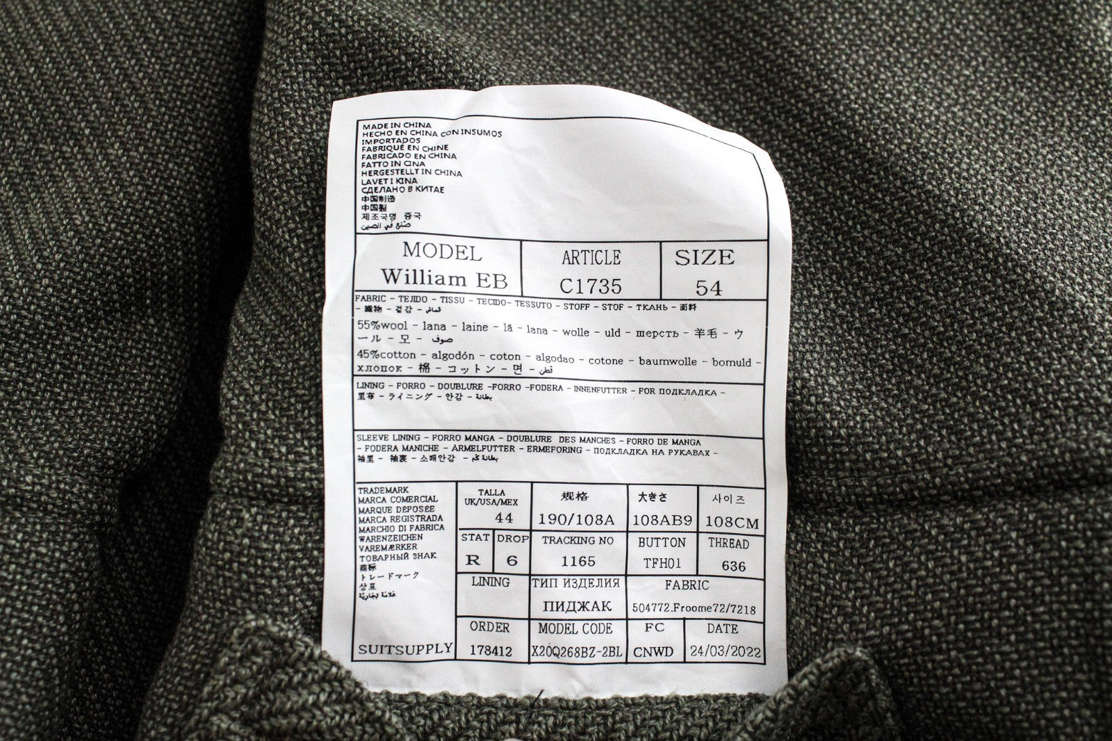 SUITSUPPLY William Men Jacket UK44R Green Wool Cotton Mix Lightweight Shacket