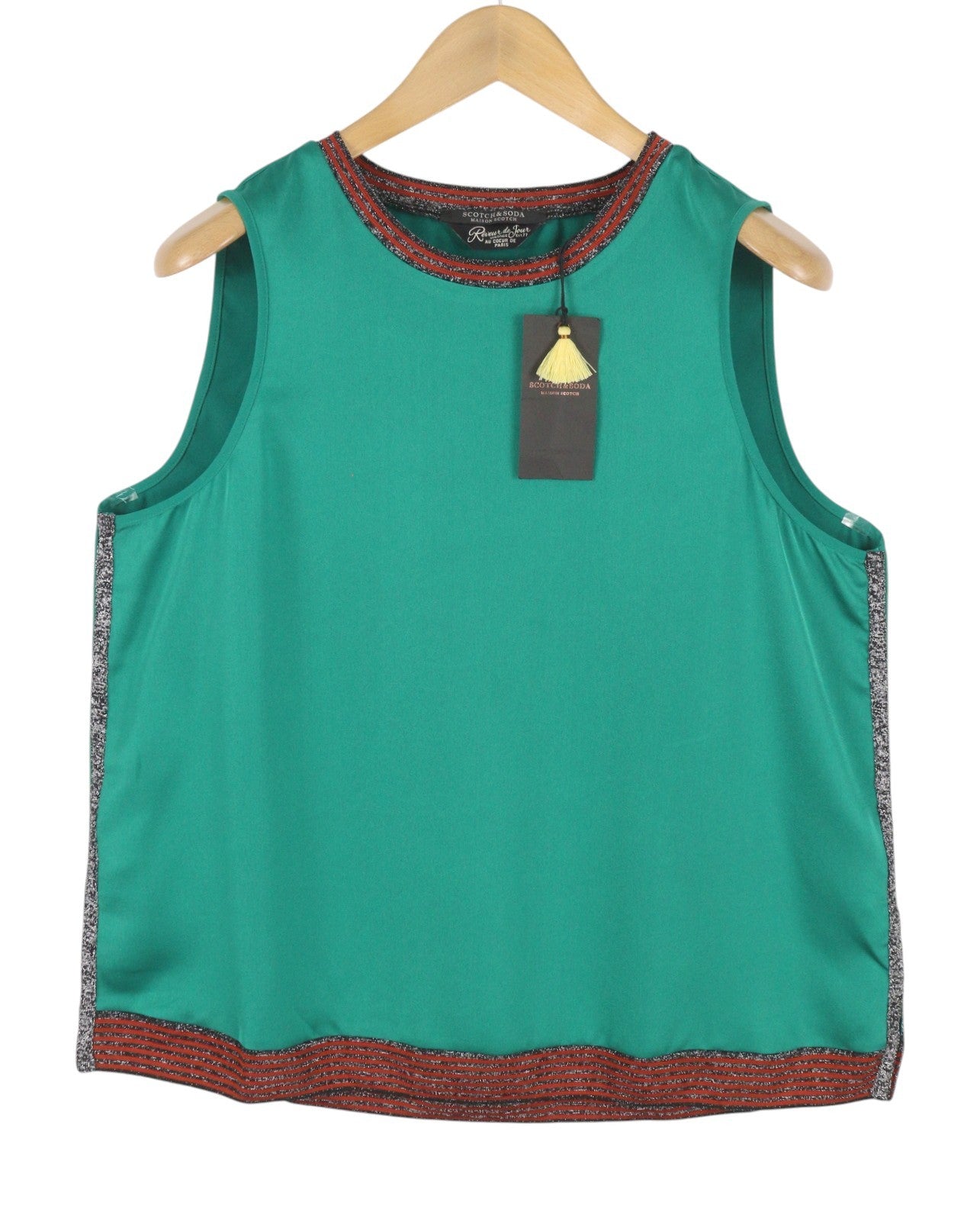 MAISON SCOTCH Women T-Shirt 4 XL Green Glitter Trims Crew Satin Look Sleeveless