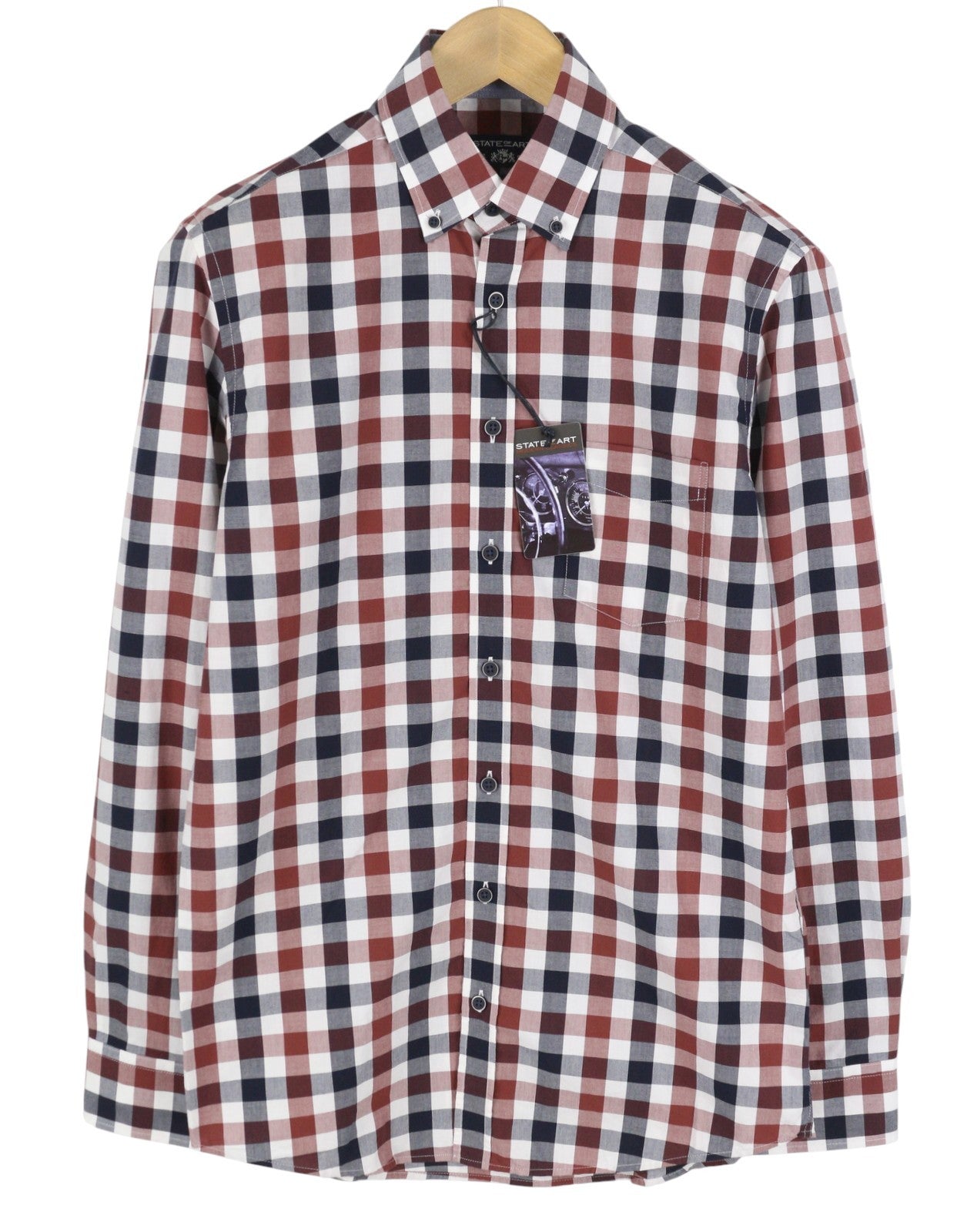 STATE OF ART Men Shirt S Plaid Button Down Neck Patch Pocket Casual