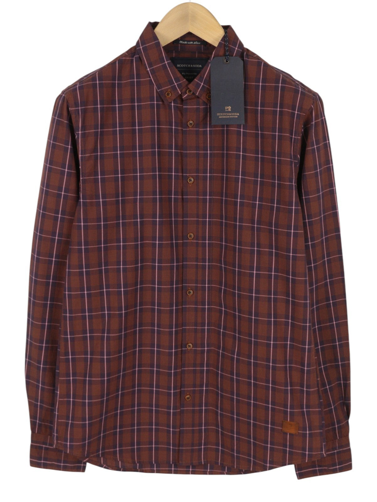 SCOTCH & SODA Men Shirt M Brown Plaid Button Down Neck Casual