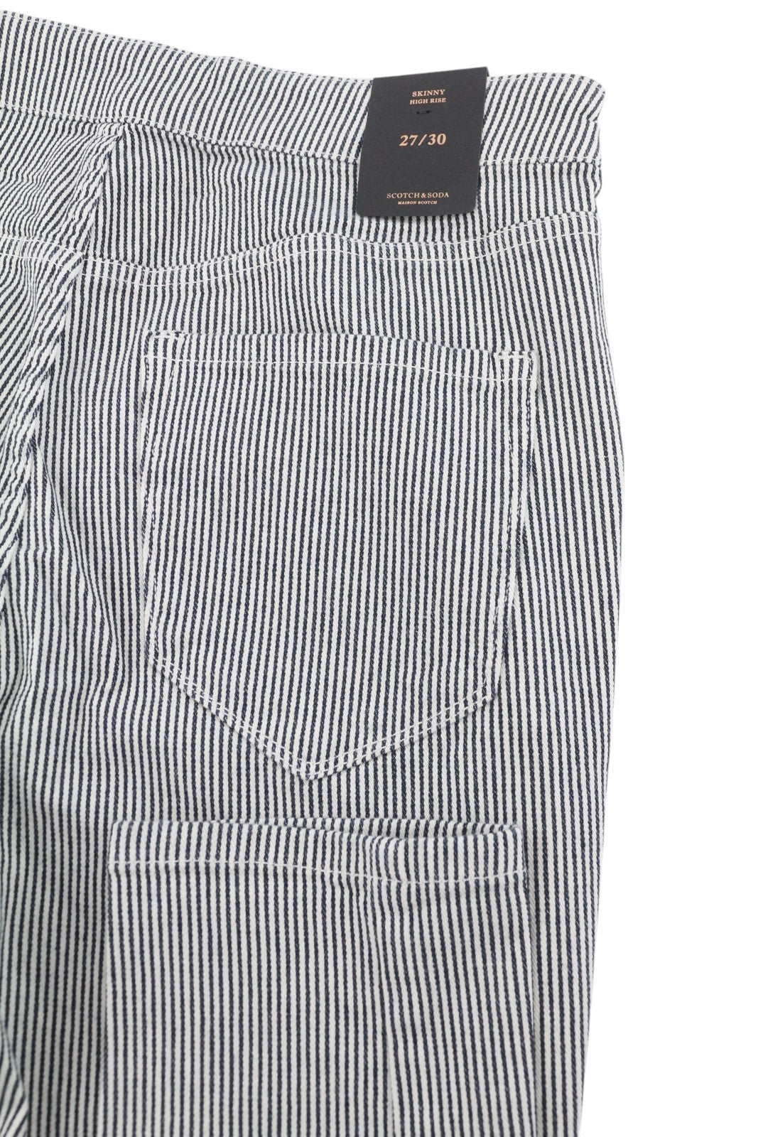 MAISON SCOTCH Women Trousers W27/L30 White Pinstriped Skinny High Rise Belted