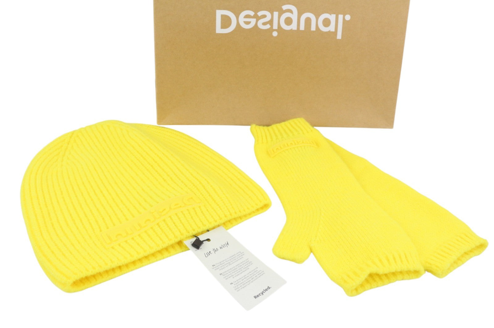 DESIGUAL Pack Gift Box Plain Women Gloves & Hat Set OS Yellow Knit Duo