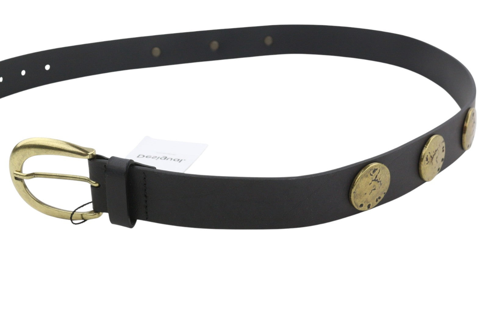 DESIGUAL Big Studs Women Belt 95 CM Black Bonded Leather Gold Buckle