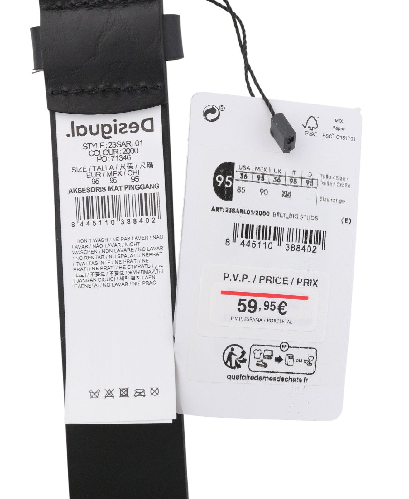 DESIGUAL Big Studs Women Belt 95 CM Black Bonded Leather Gold Buckle
