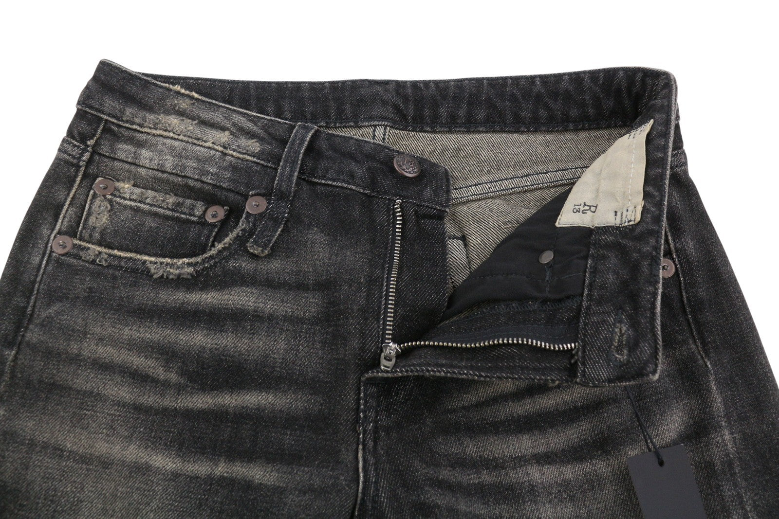 R13 Boy Straight Women Jeans 26 Abbey Black Faded Distress Crop PS26