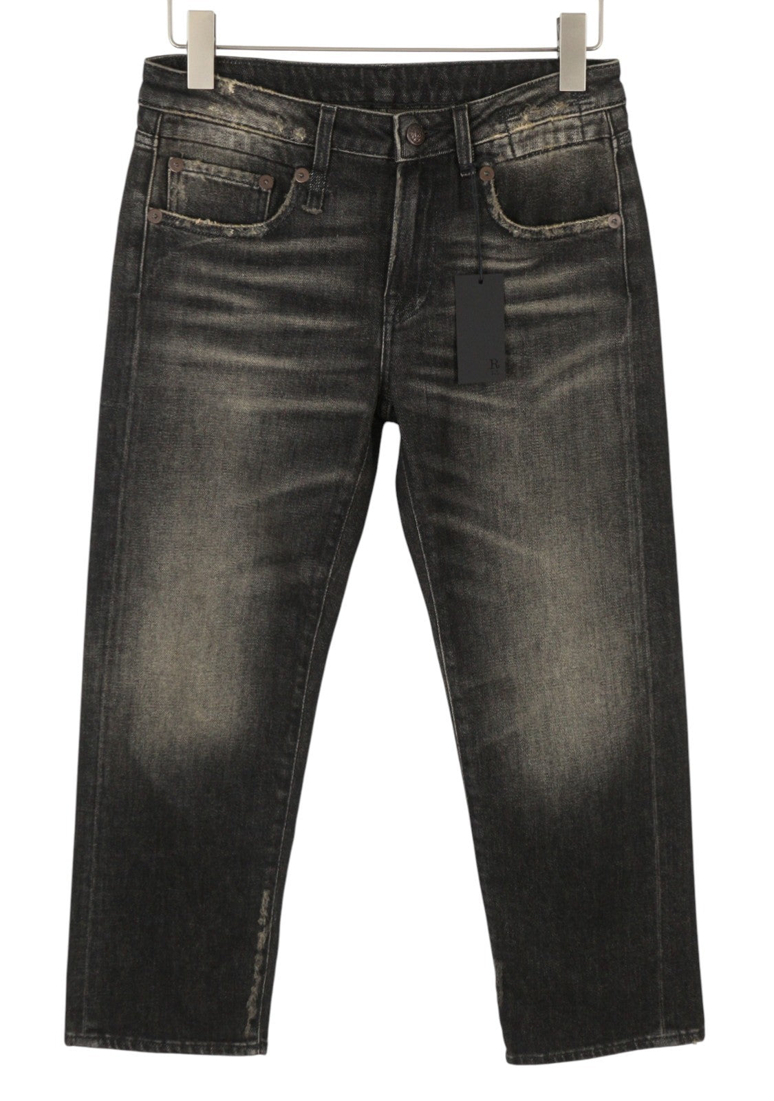 R13 Boy Straight Women Jeans 27 Abbey Black Faded Distress Crop PS26