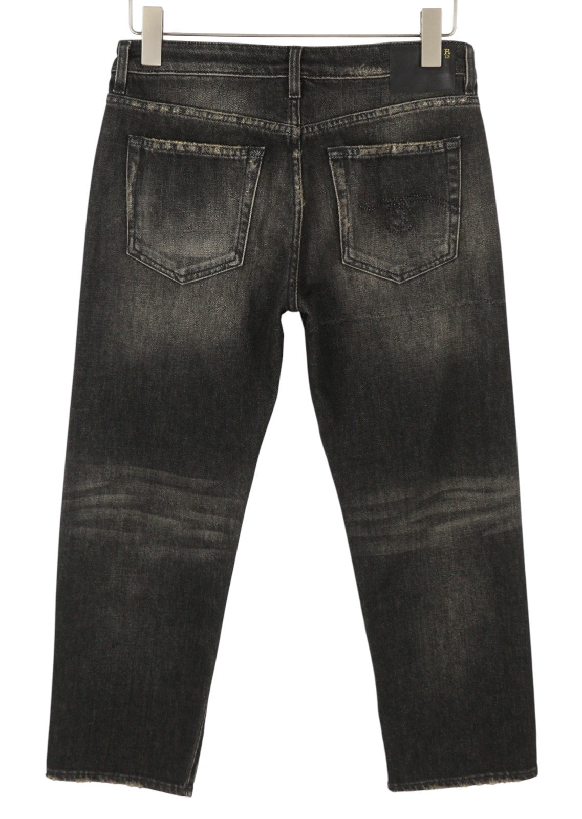 R13 Boy Straight Women Jeans 27 Abbey Black Faded Distress Crop PS26