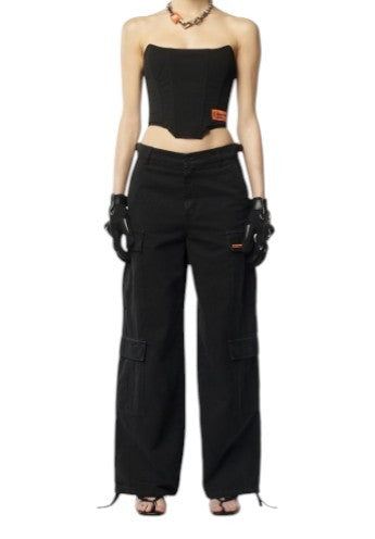 HERON PRESTON Vintage Wash Canvas Cargo Black Women Trousers XL W35 RRP649