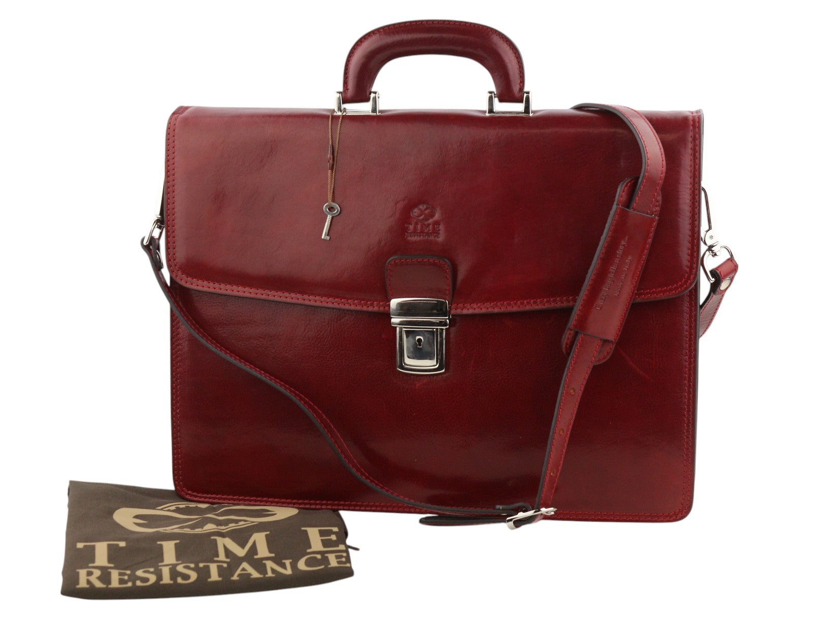 TIME RESISTANCE Men Bag OS Red Vachetta Leather Adjustable Strap Briefcase