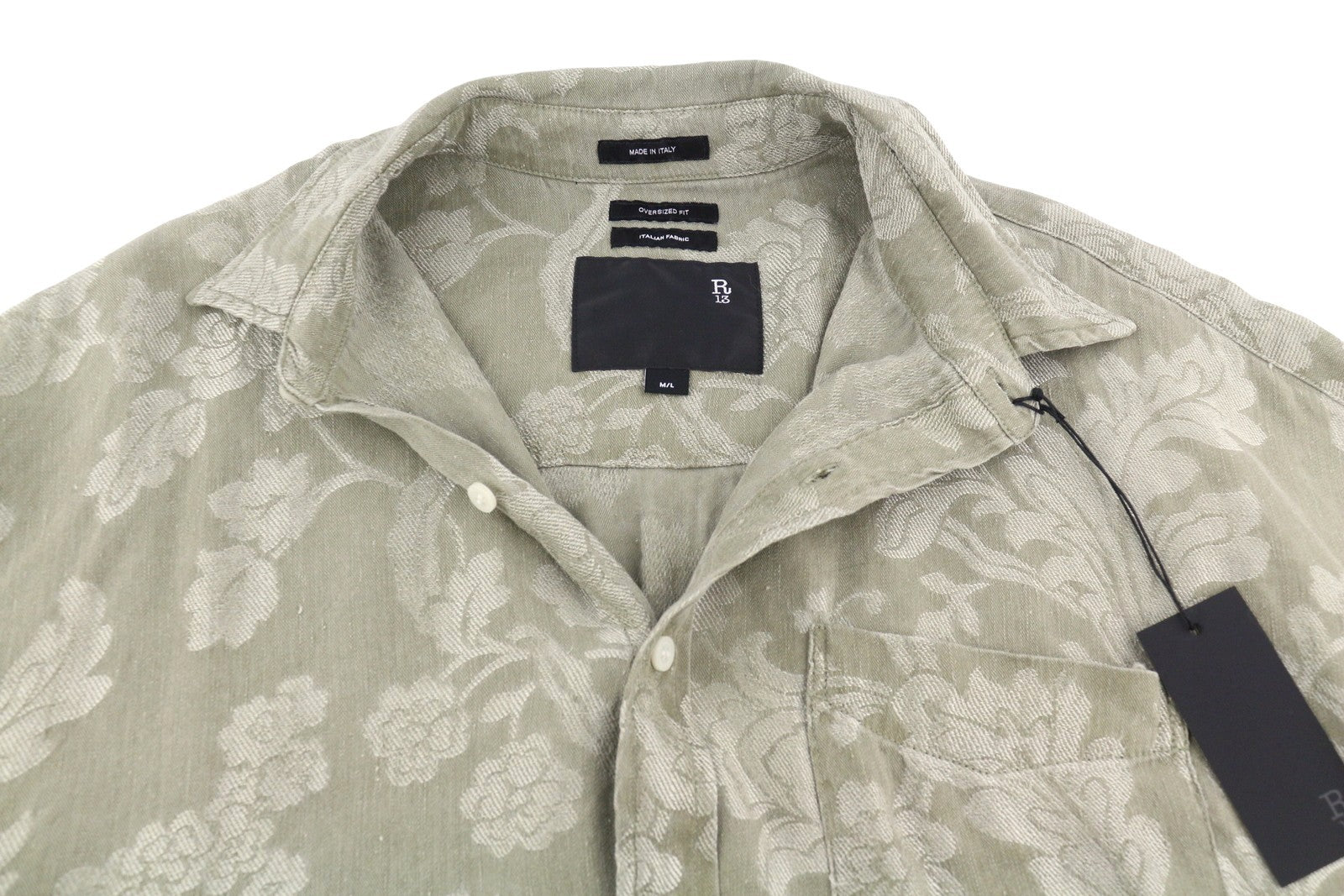 R13 Jumbo Shirtdress Women Dress M/L Olive Flower Linen Blend Relaxed PS26