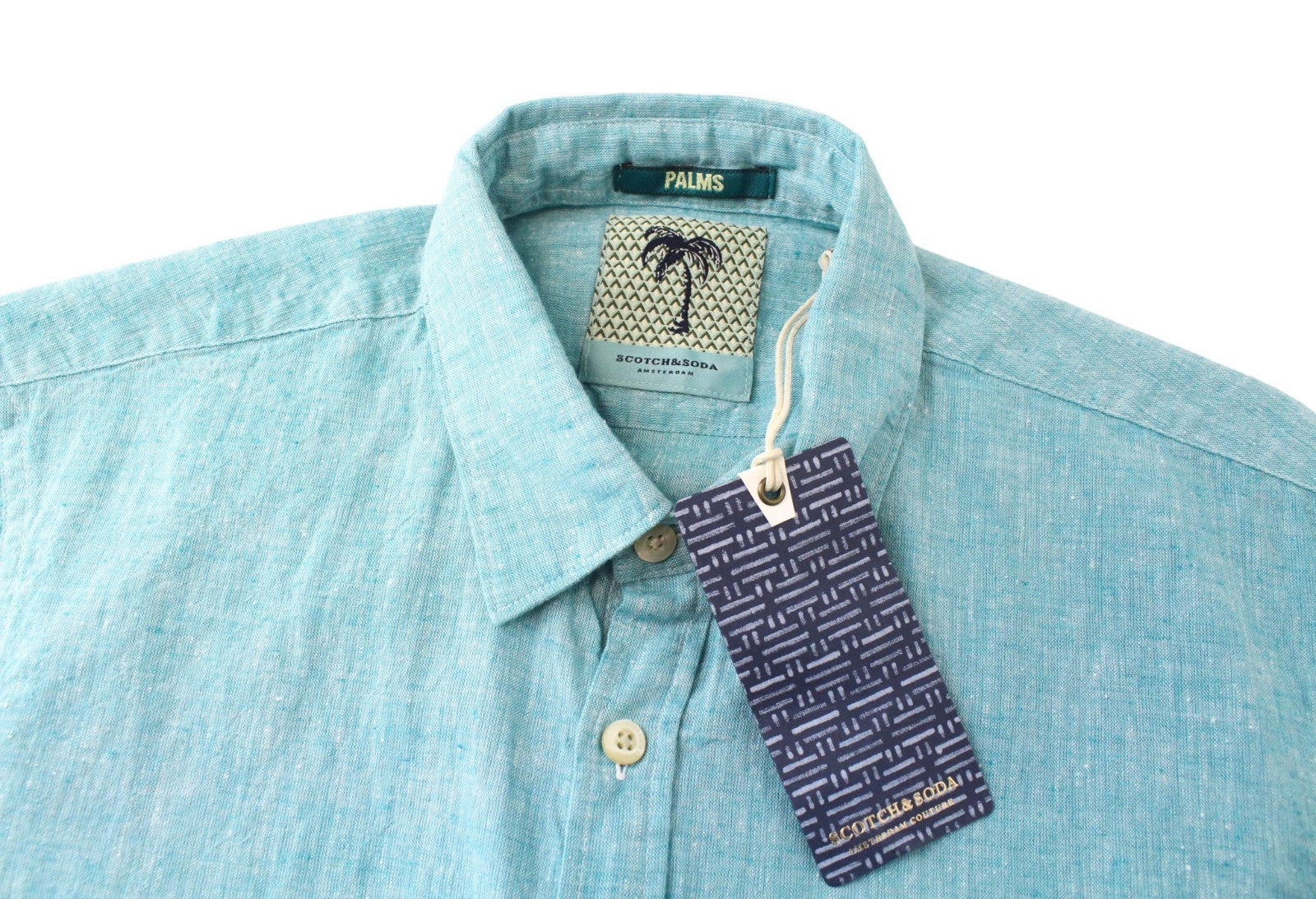 SCOTCH & SODA Men Shirt S Short Sleeve Green Melange Slim Cut Linen Cotton Blend