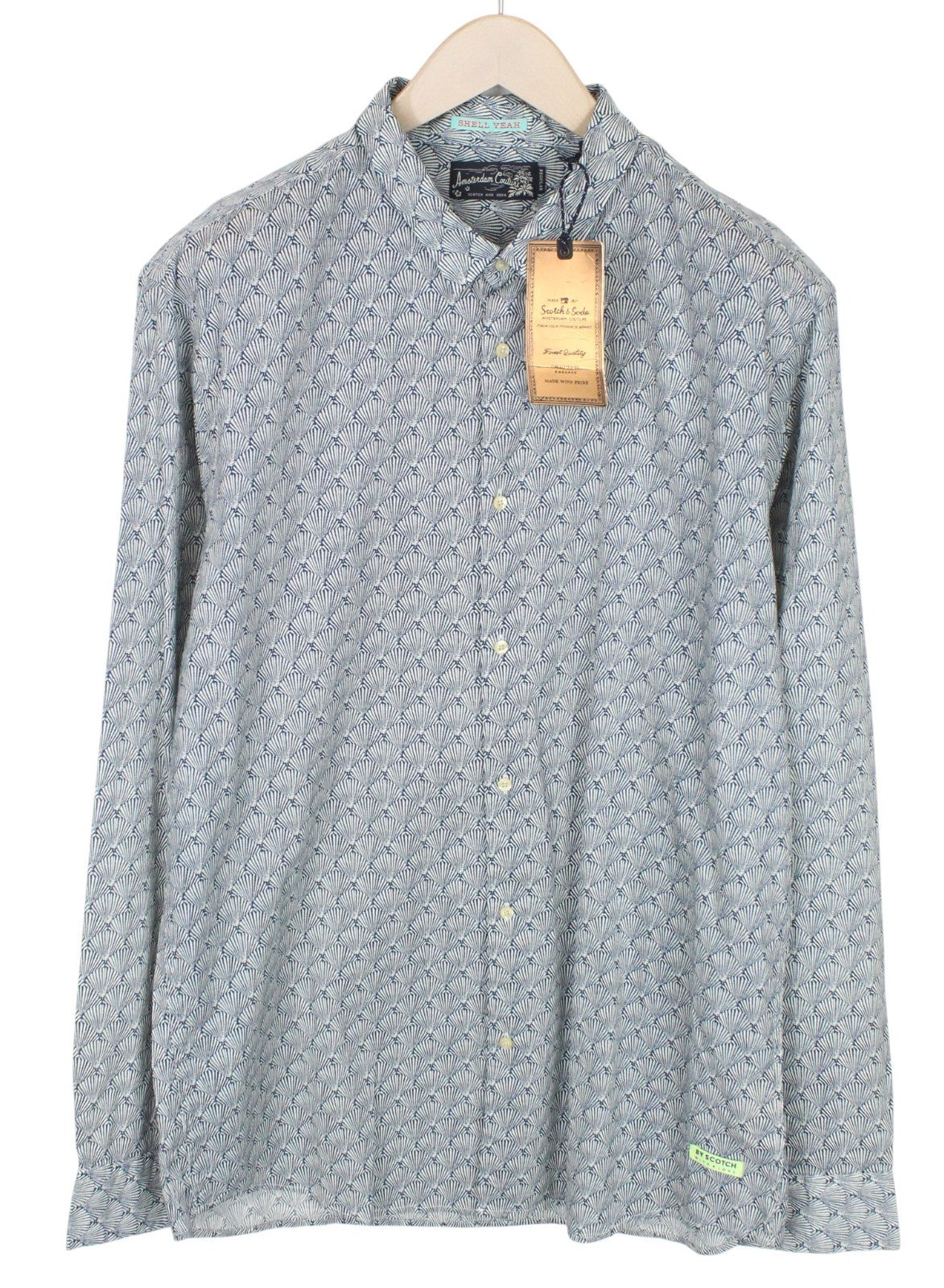 SCOTCH & SODA Men Shirt 2XL Pure Cotton Marine Blue Seashell Print Nautical