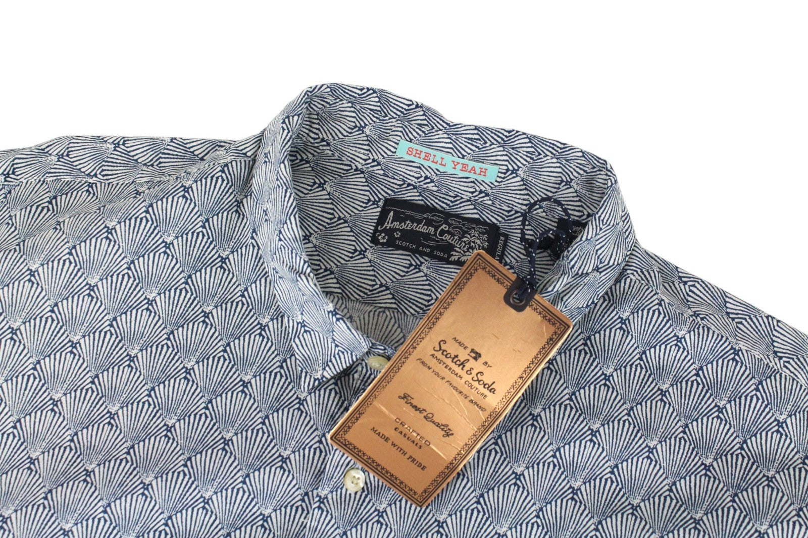 SCOTCH & SODA Men Shirt 2XL Pure Cotton Marine Blue Seashell Print Nautical