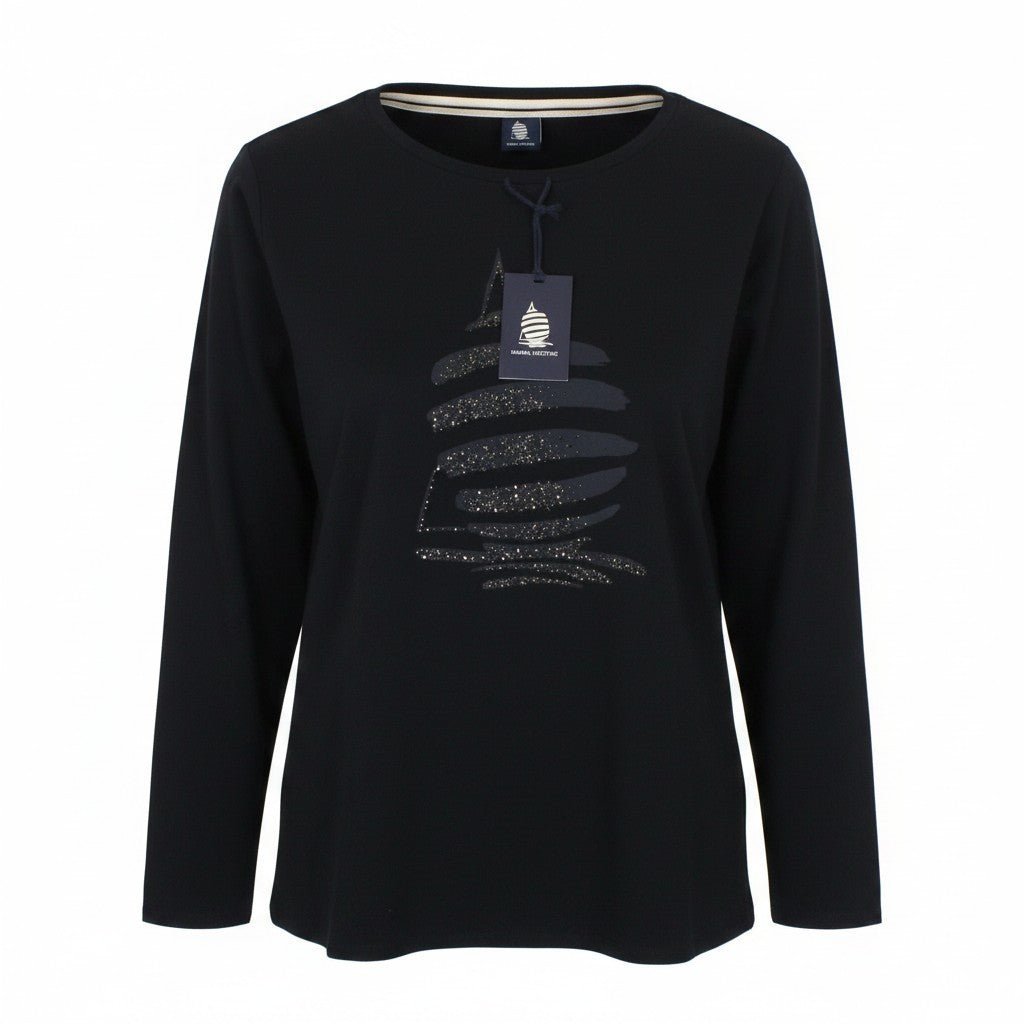 MARINA YACHTING Women T-Shirt S Long Sleeve Pull On Crew Neck Rhinestones Black
