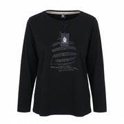 MARINA YACHTING Women T-Shirt S Long Sleeve Pull On Crew Neck Rhinestones Black
