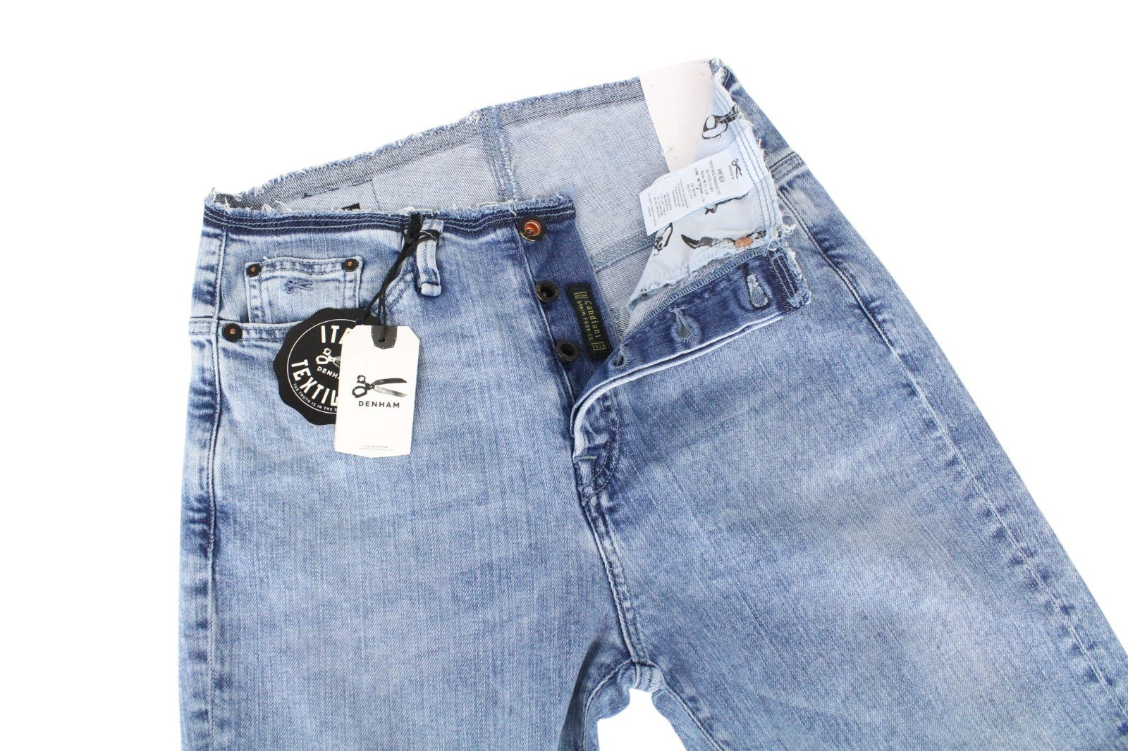 DENHAM Heidi Women Jeans W25/L30 High-Rise Raw Hems Blue Stretch Straight Fit