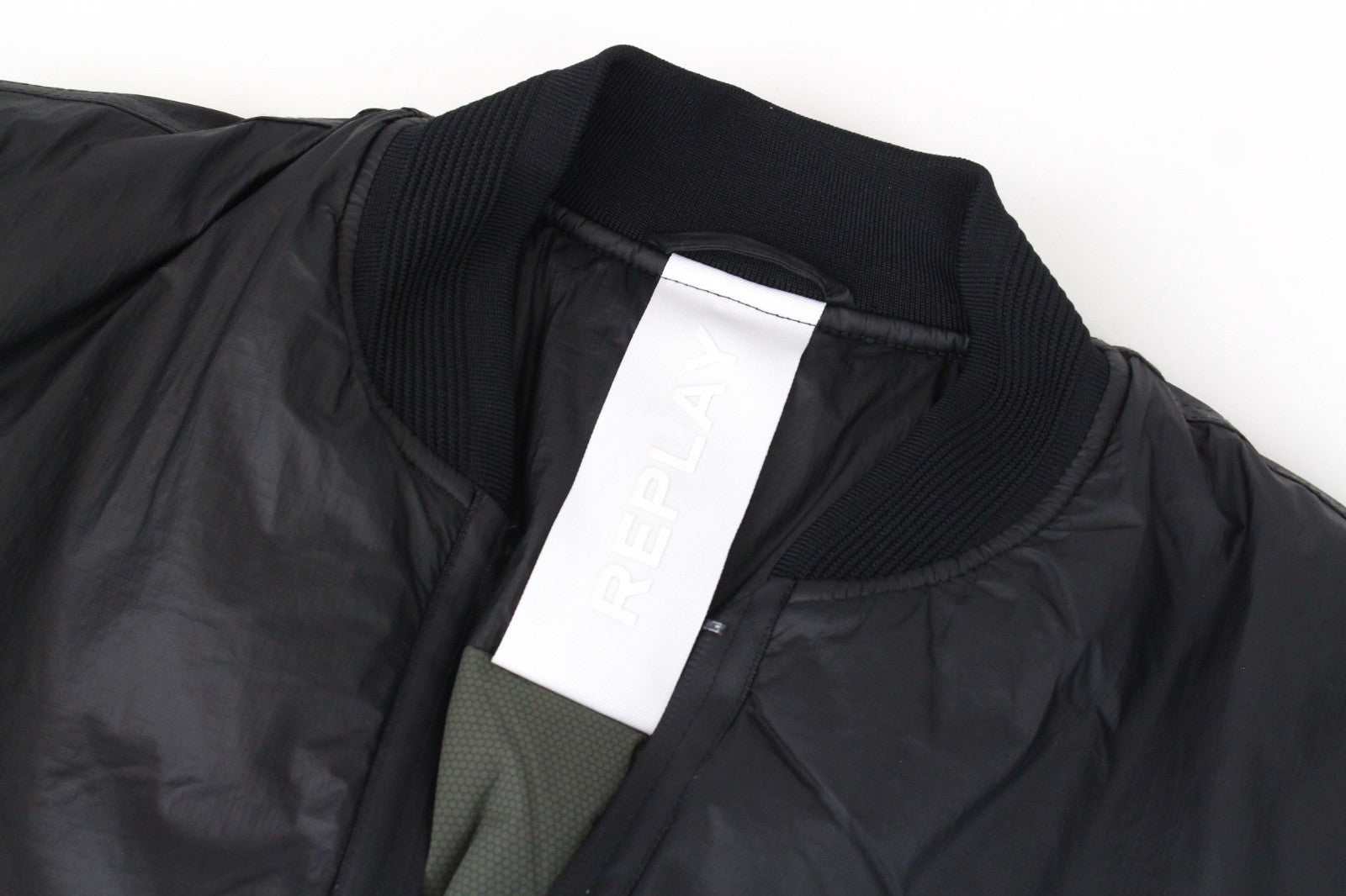 REPLAY Men Jacket S Black Bomber Classic Patched Lined Ribbed Henley Neckline