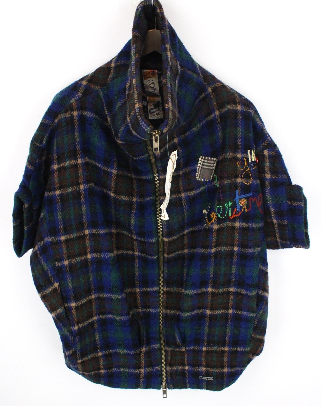 DESIGUAL Women Coat EU40 M Kimono Sleeve Blue Wool Blend Designer Tartan Check