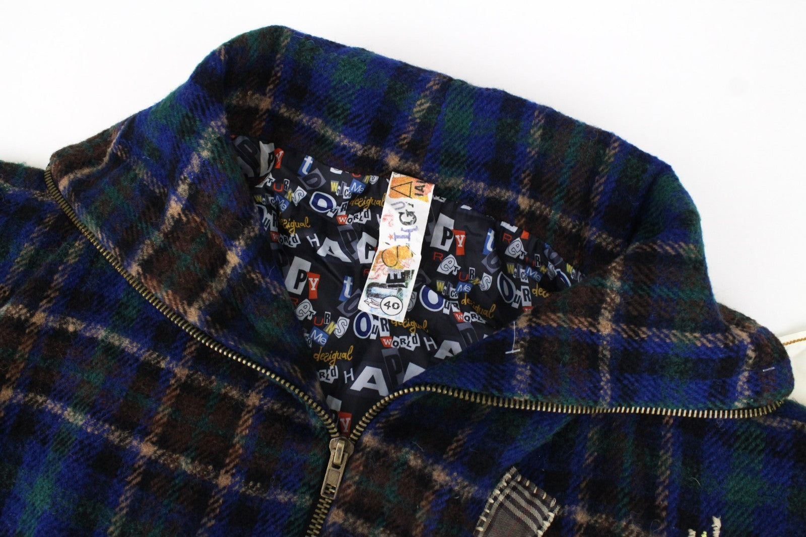 DESIGUAL Women Coat EU40 M Kimono Sleeve Blue Wool Blend Designer Tartan Check