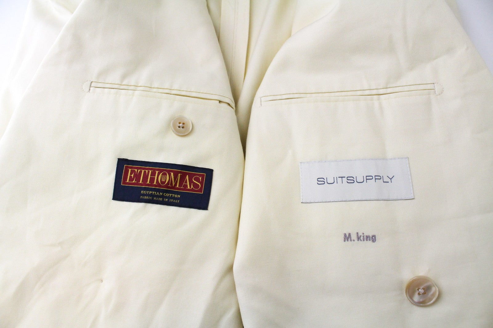 SUITSUPPLY La Spalla Men Suit UK38S Double-Breasted Cotton Light Yellow 2 Piece