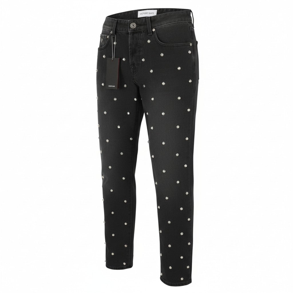 VICTORY GATE Men Jeans Denim Regular Fit Black Collection Studs W30 Worn RRP650