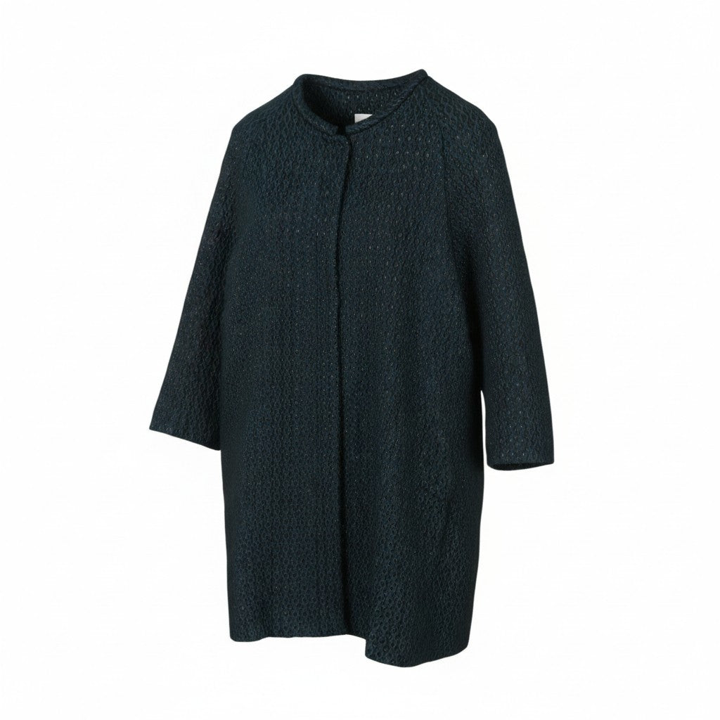 MARINA RINALDI Women Coat EU48 Black Glitter Shiny Embroidered Pattern Mid