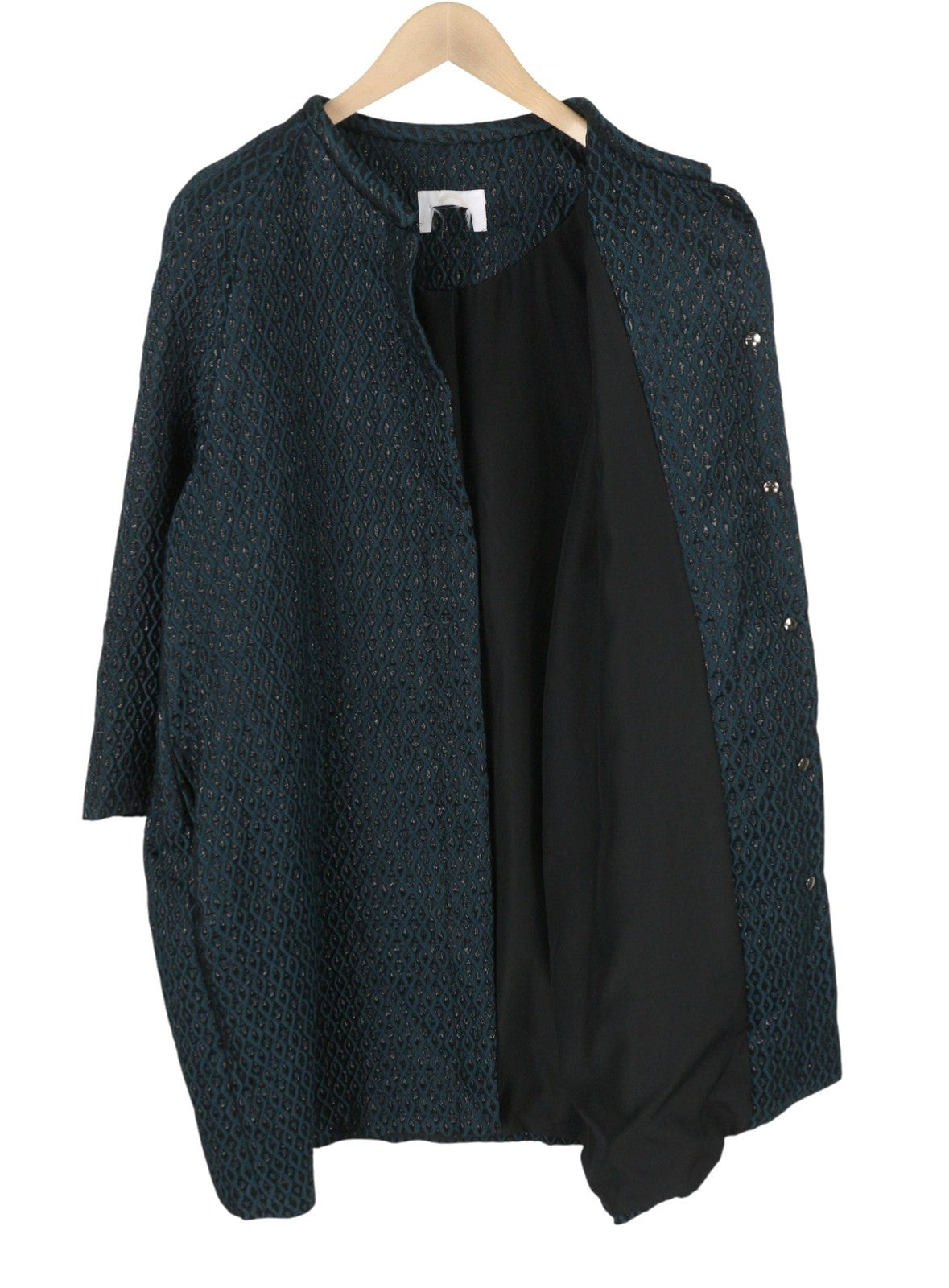MARINA RINALDI Women Coat EU48 Black Glitter Shiny Embroidered Pattern Mid