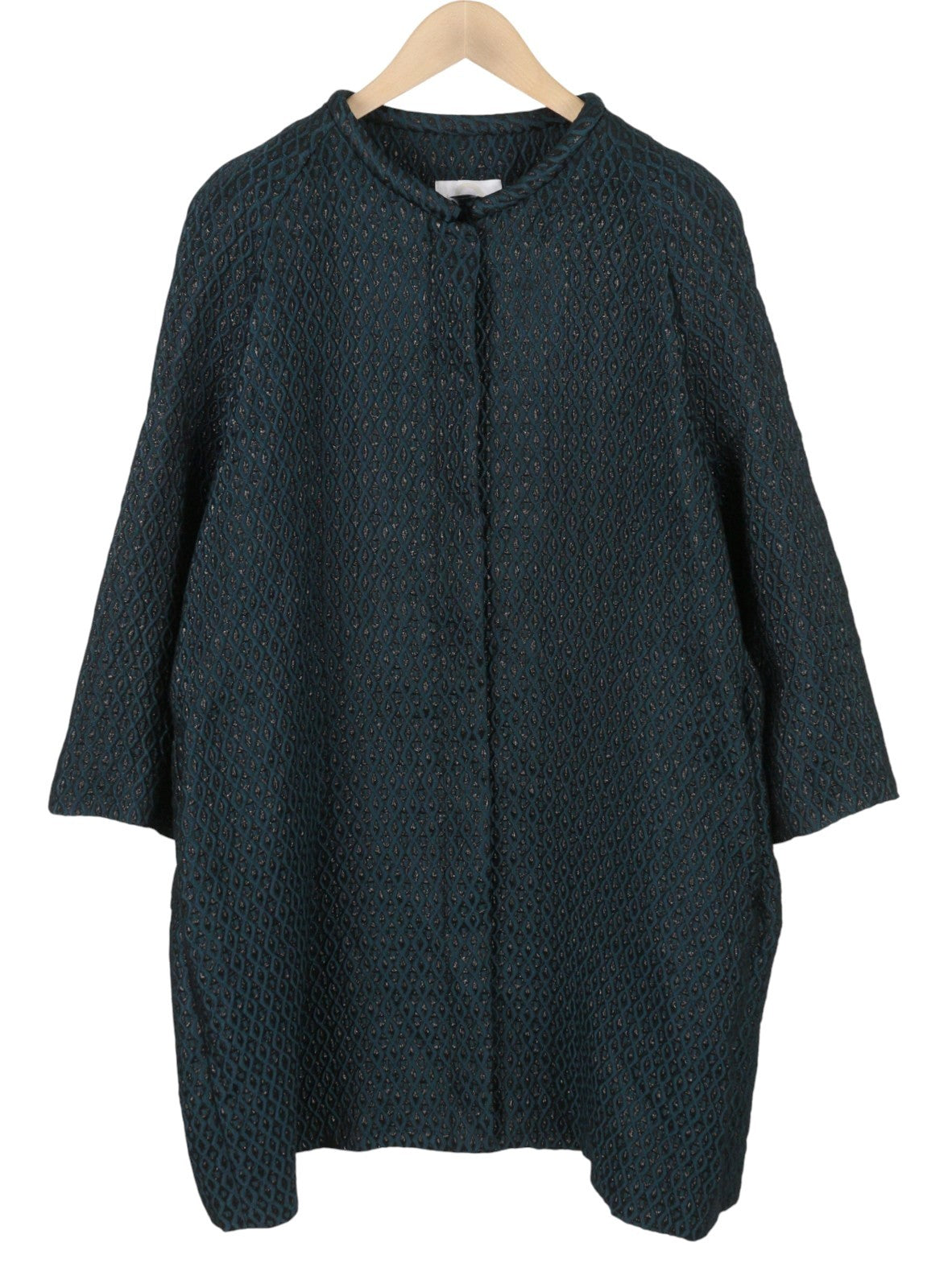 MARINA RINALDI Women Coat EU48 Black Glitter Shiny Embroidered Pattern Mid