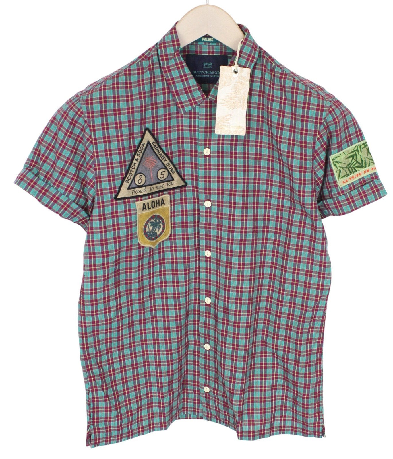 SCOTCH & SODA Men Shirt S Short Sleeve Patched Purple Plaid Check Cotton Linen