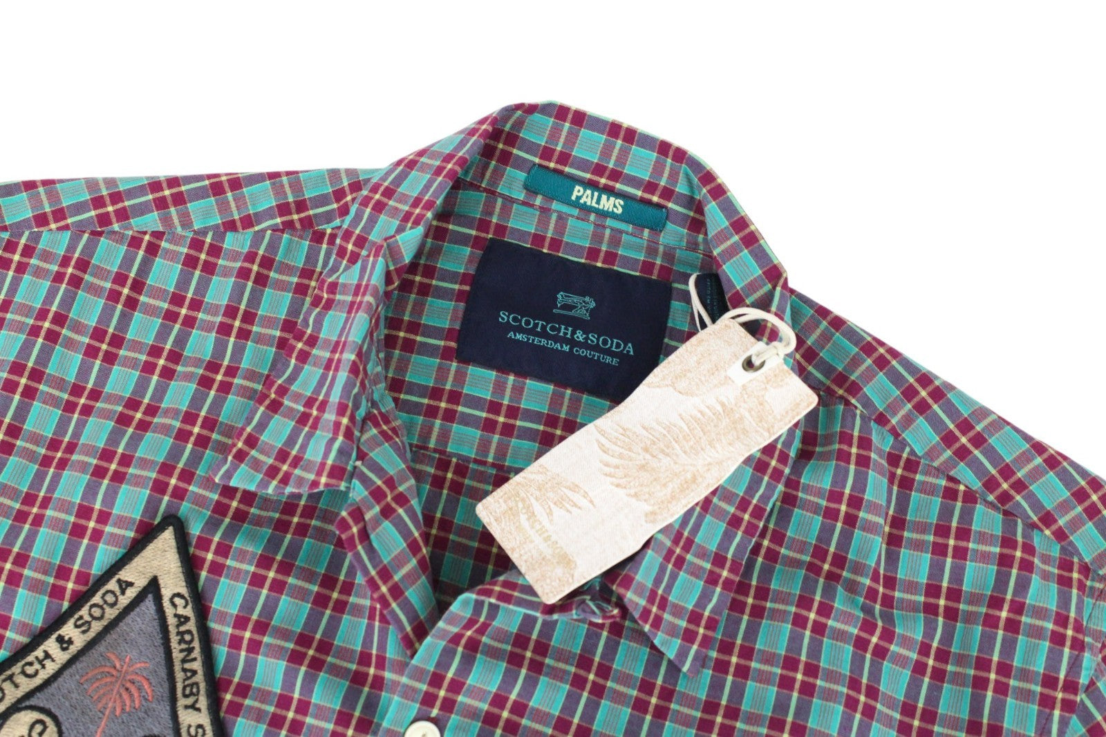 SCOTCH & SODA Men Shirt S Short Sleeve Patched Purple Plaid Check Cotton Linen