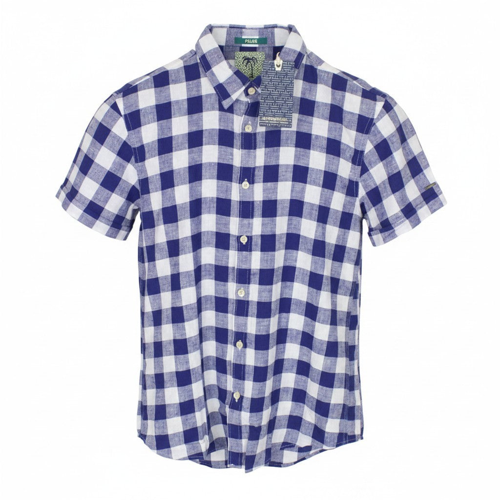 SCOTCH & SODA Men Shirt M Blue White Combo Gingham Checked Linen Cotton Blend