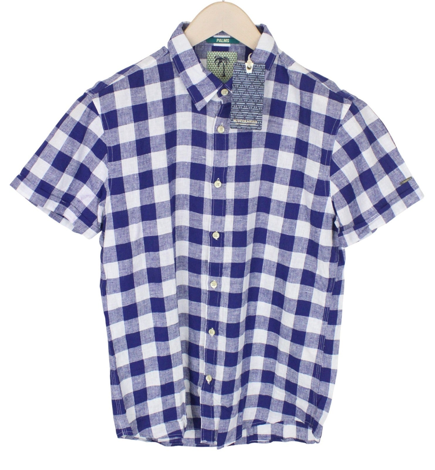 SCOTCH & SODA Men Shirt M Blue White Combo Gingham Checked Linen Cotton Blend