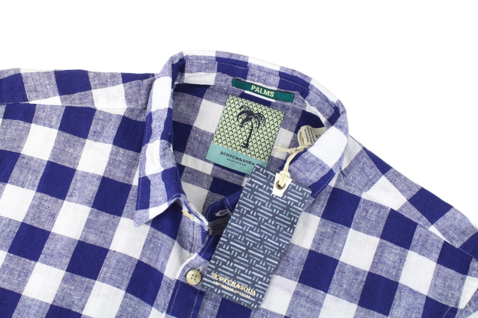 SCOTCH & SODA Men Shirt M Blue White Combo Gingham Checked Linen Cotton Blend