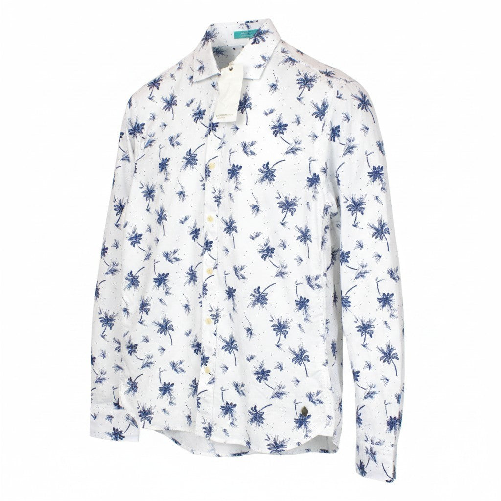 SCOTCH & SODA Men Shirt S White Blue Cotton Palm Pattern Long Sleeve