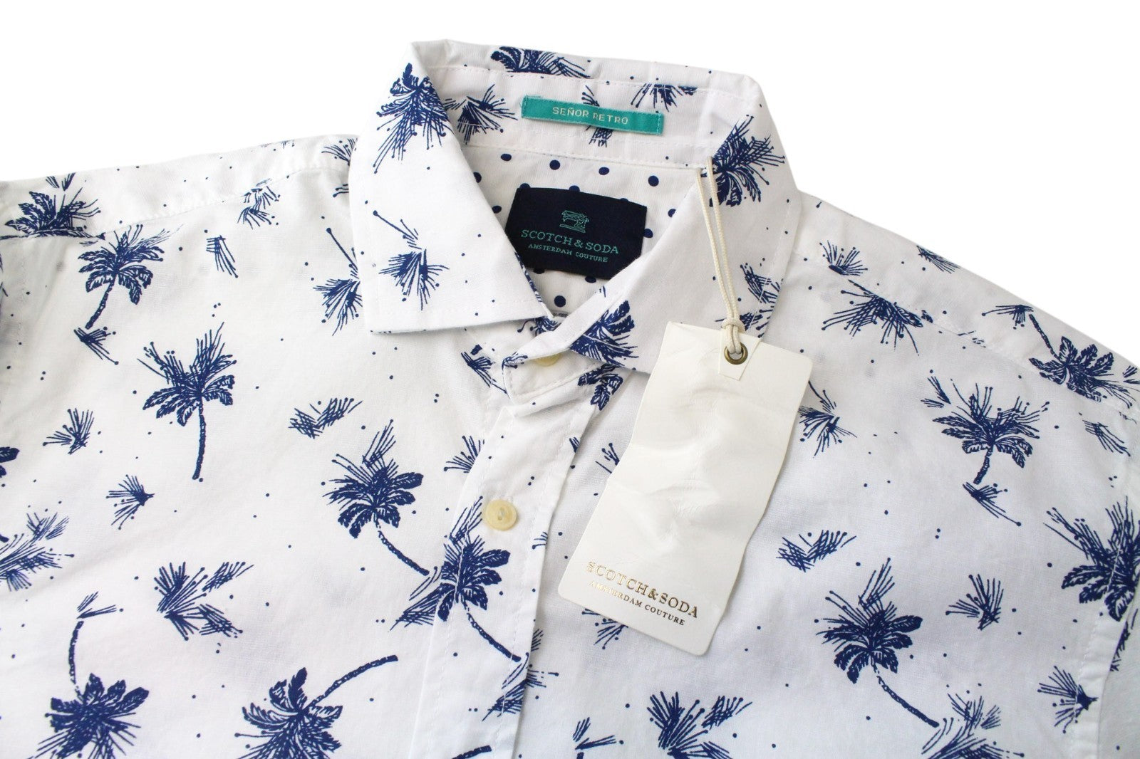 SCOTCH & SODA Men Shirt S White Blue Cotton Palm Pattern Long Sleeve