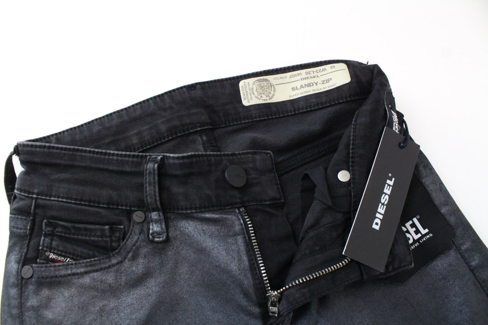 DIESEL Slandy-Zip 069GF Women Jeans W23/L30 Girls Super Skinny Fit Grey Coated
