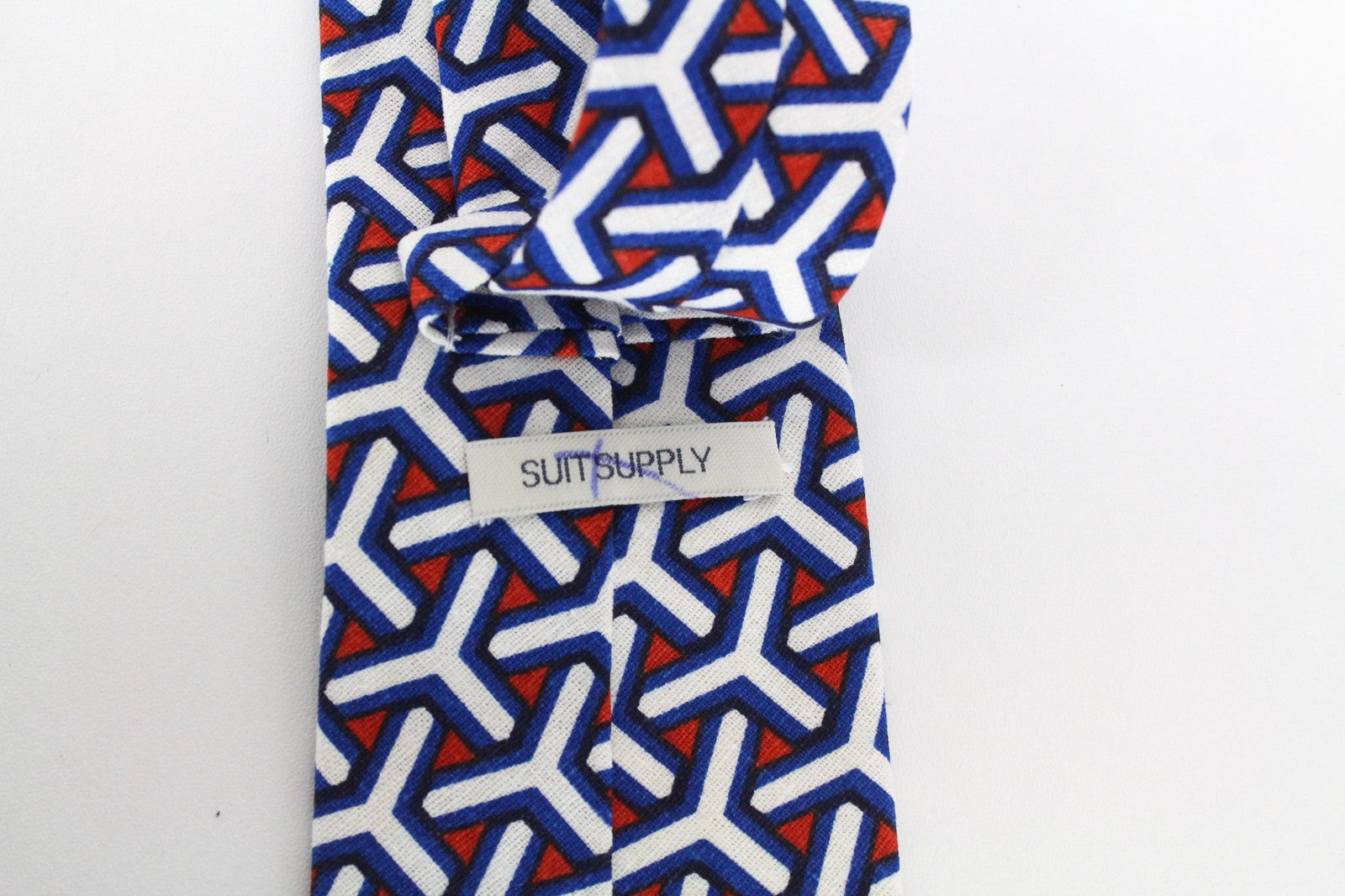 SUITSUPPLY Men Tie 148 x 8 cm Blue Graphic Formal Linen Cotton Pointed-End