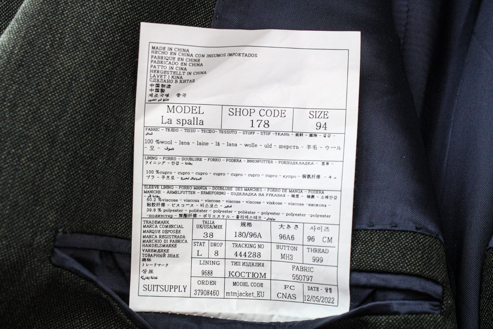 SUITSUPPLY La Spalla Men Blazer UK38L Green Birdseye Check Slim Pure Wool