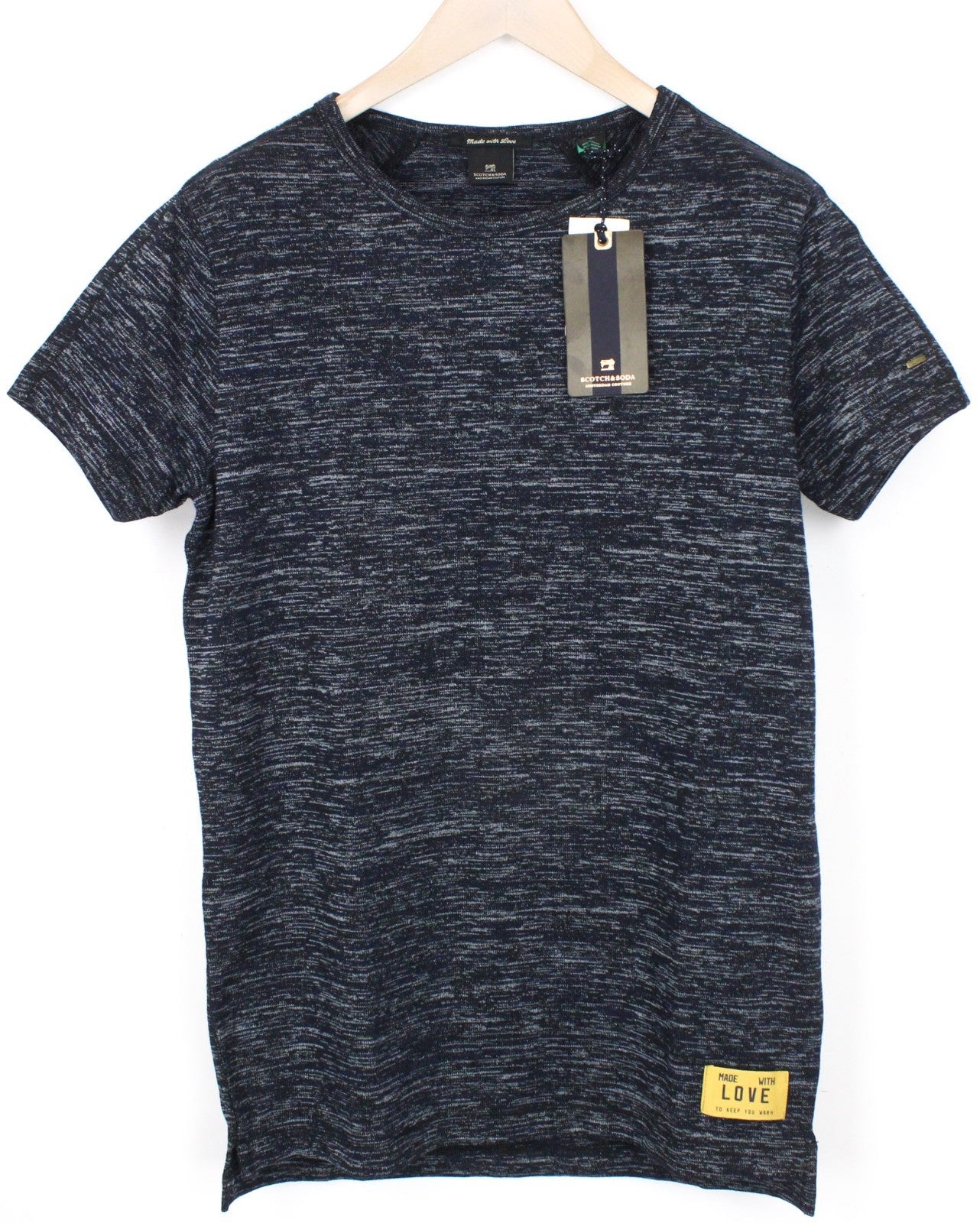 SCOTCH & SODA Men T-Shirt S Navy Melange Crew Neck Long Fitted Cotton Blend